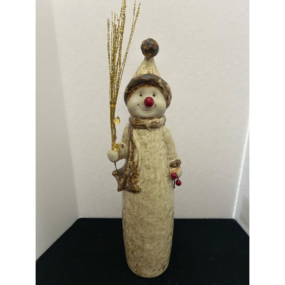Ceramic Snowman Figurine Glitter Twig & Red Nose Festive Winter Holiday Decor
